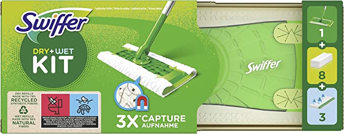 Swiffer - Scopa lavapavimenti + 3 panni umidi+ 192 panni (3